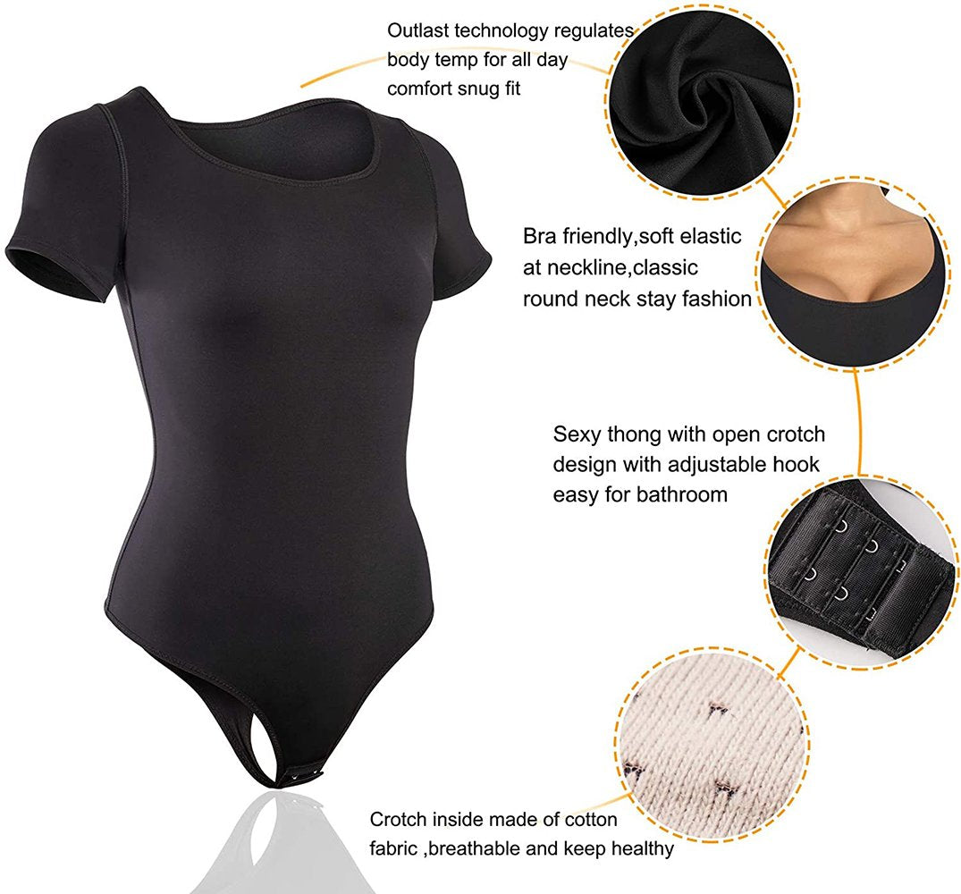 Round Neck Shapewear Thong Bodysuit With Short Sleeve Details - Nebility 