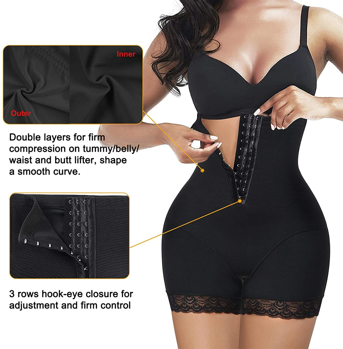 Women High Waist Adjustable Cincher Black Butt Lifter With Lace Edge - Nebility