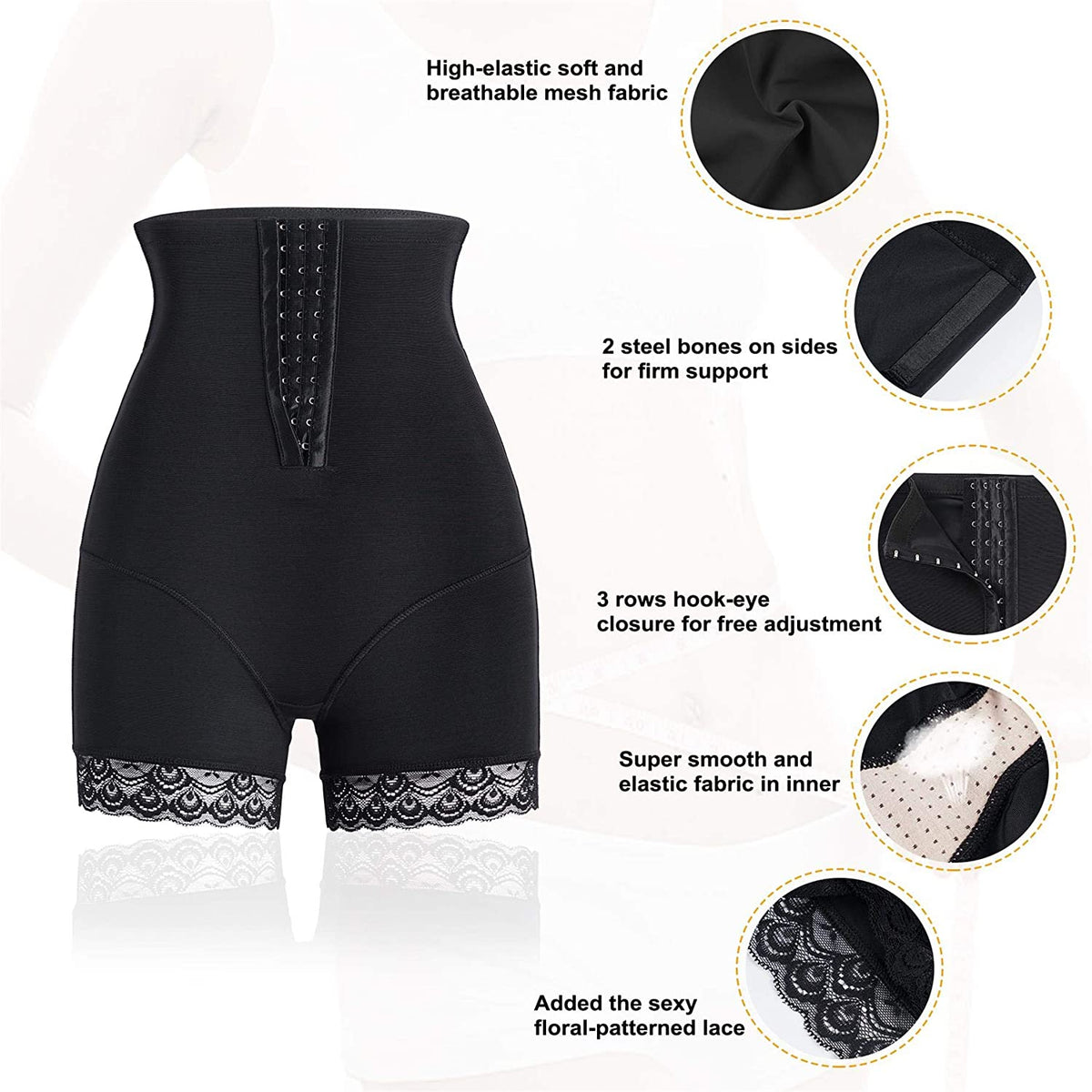 Women High Waist Adjustable Cincher Black Butt Lifter With Lace Edge Details - Nebility